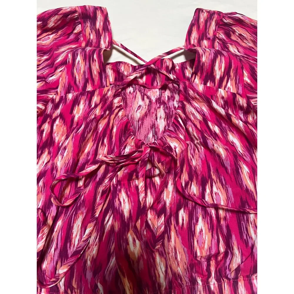 LOFT Womens Medium Pink Print Puff Sleeve Square Neck Tie Back Blouse NWT